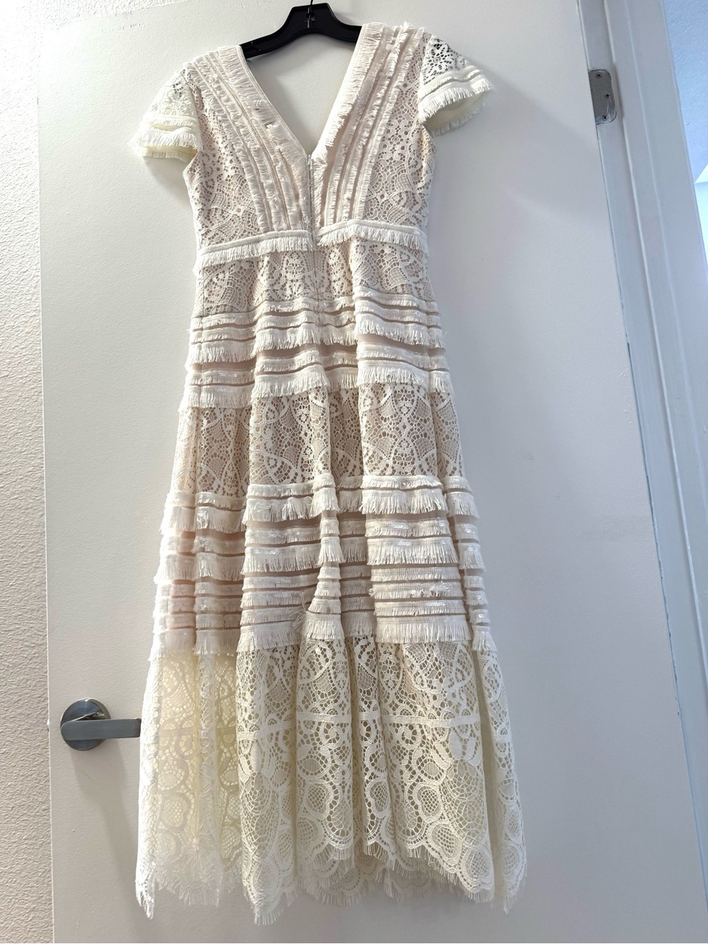 Tadashi Shoji Ivory Lace Midi Dress with Fringe Tiers